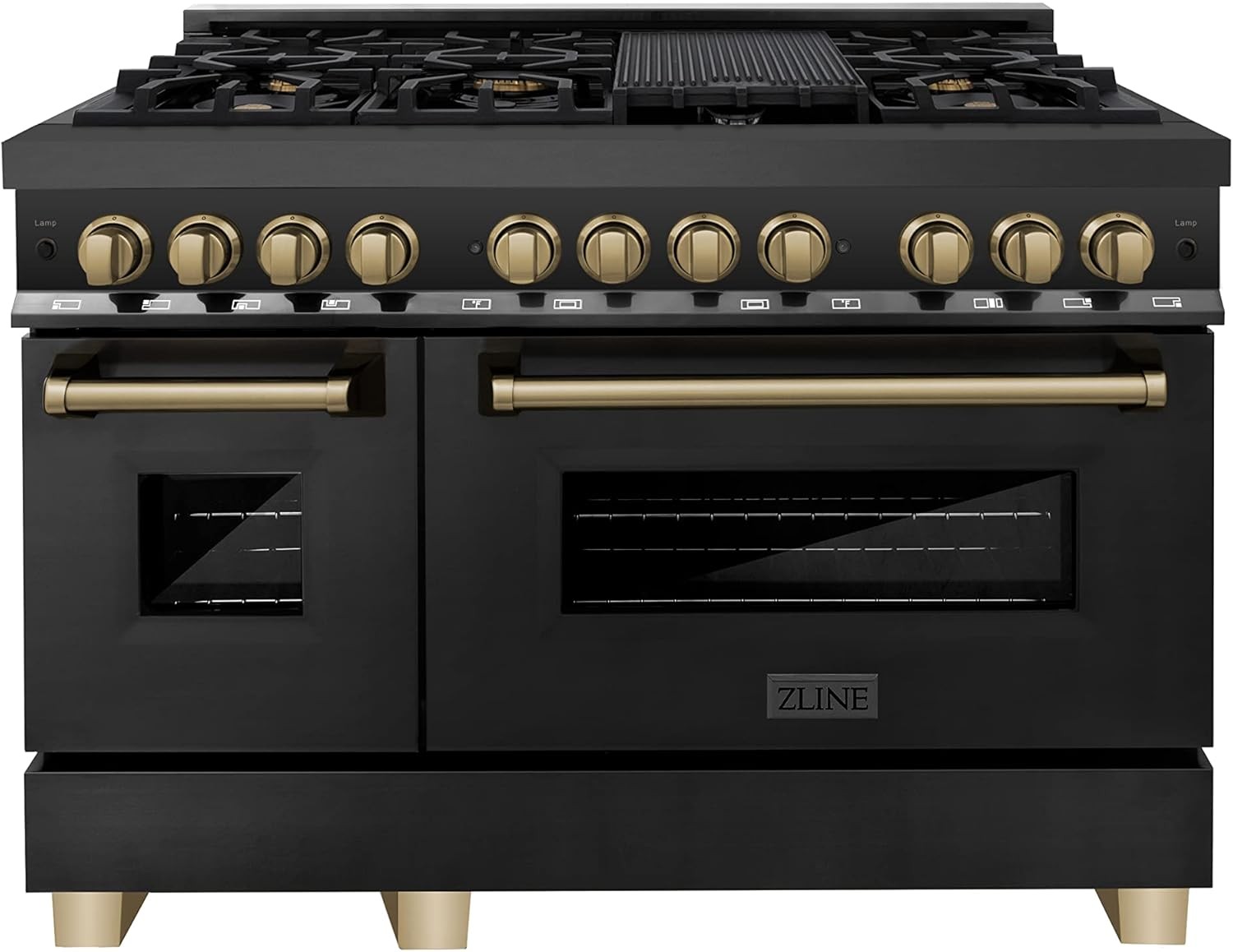 ZLINE Autograph Edition 48 in. 6.0 cu. ft. Legacy Dual Fuel Range with 7 Burner Gas Cooktop and 2 Electric Ovens in Black Stainless Steel and Champagne Bronze Accents (RABZ-48-CB)